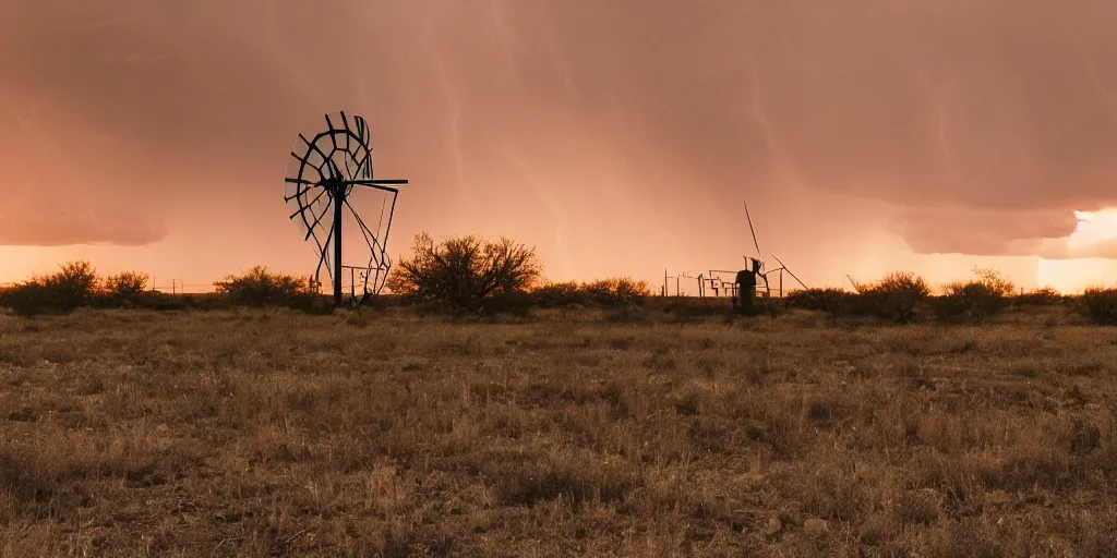 Image similar to photo of a stormy west texas sunset, perfect rustic ( ( windpump ) ), film photography, lightning, golden hour, high quality, beautiful!!!