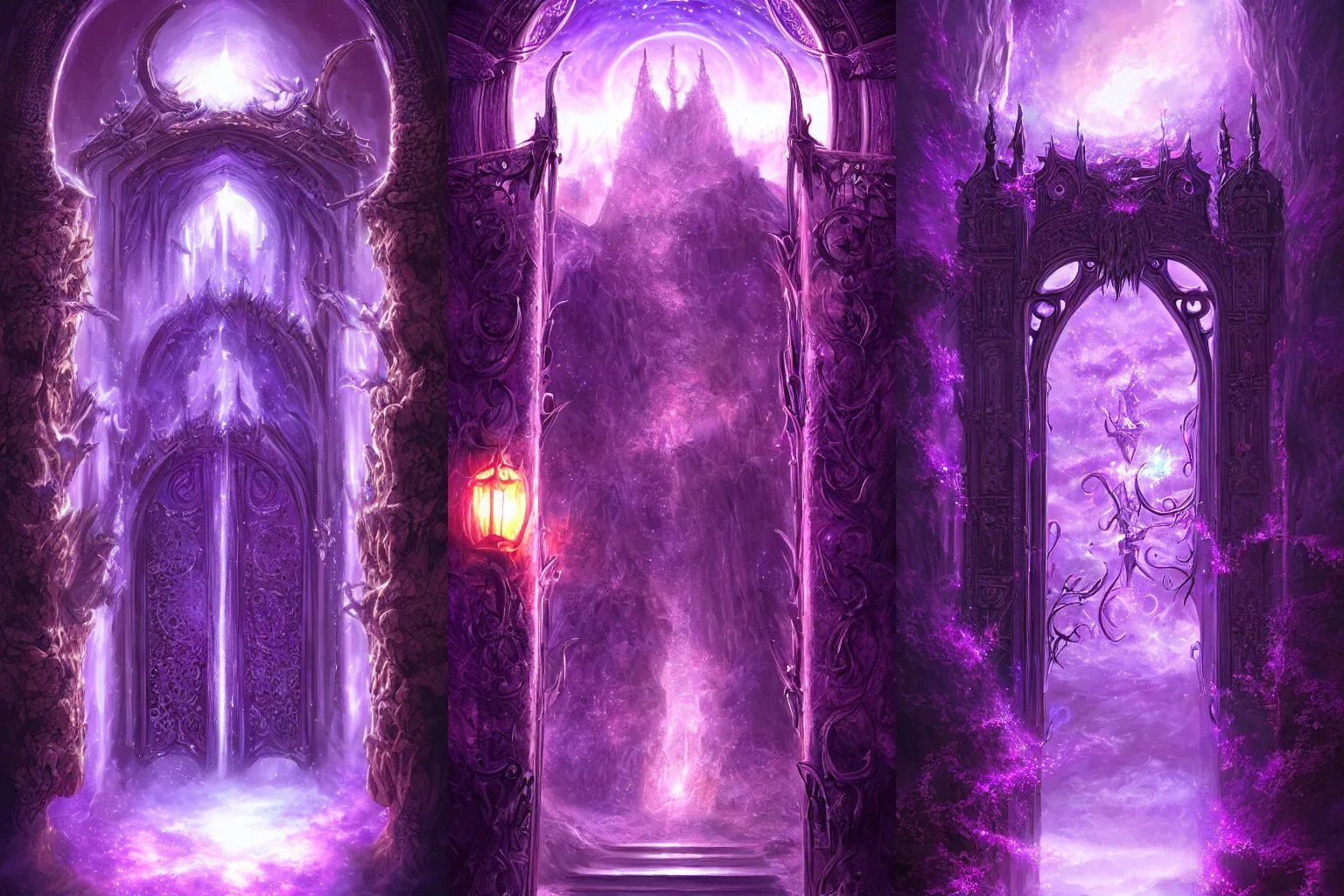 Prompt: The gate to the eternal kingdom of purple light, fantasy, digital art, HD, detailed.