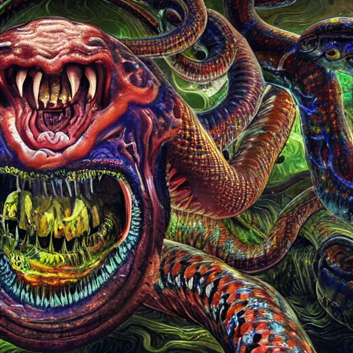 Prompt: a crazy and extraterrestrial hyper - detailed high painting of giant heads joined by snakes, the heads are open they have spiked scales and sharp teeth, the mouth is open and monstrous beings of all kinds run and scream, psychedelic horror surreal art cosmic horror weird bizarre art, cry engine octane render