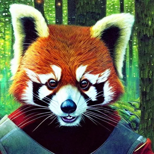 Image similar to a portrait of a male red panda in starfleet uniform at night in a dark forest. zootopia fursona furaffinity furry art detailed face painting by gaston bussiere craig mullins jc leyendecker gustav klimt artgerm greg rutkowski furry