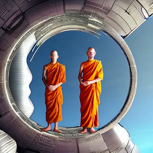 Image similar to Thai Buddhist monks in a sci fi space habitat ringworld.