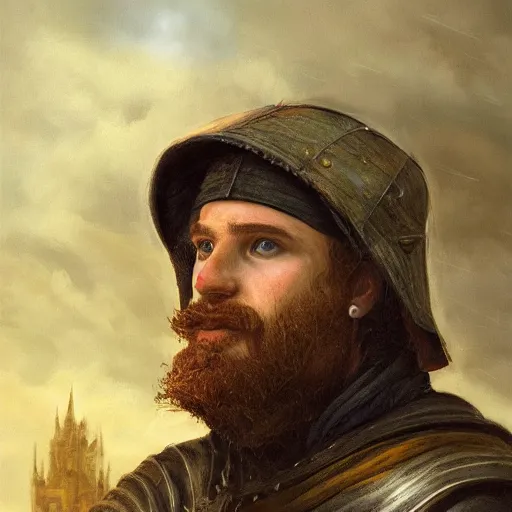 Prompt: portrait of an adventurer, painting by michael wellen, john stephens, in a medieval city, tone mapping, stormy weather, trending on artstation