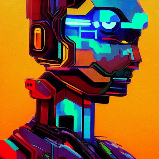 Prompt: a graph - style gouache impasto huge robot head in front of her, cyberpunk art by by james gilleard, mucha, cgsociety, retrofuturism, synthwave, retrowave, outrun