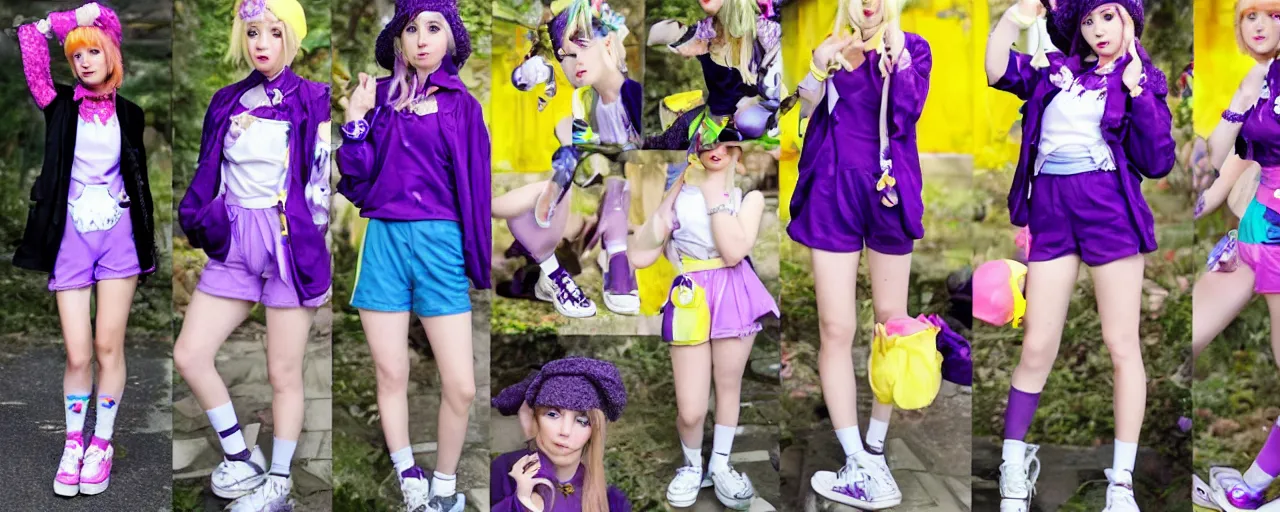 Prompt: A character sheet of a cute magical girl with short blond hair and freckles wearing an oversized purple Beret, Purple overall shorts, Short Puffy pants, pointy jester shoes, a big yellow scarf, and white leggings. Rainbow accessories all over. Photo Collage. By Seb McKinnon. Decora Fashion. harajuku street fashion. Cosplay. E-Girl. Kawaii Design. Intricate. Highly Detailed. Photorealistic. Sunlit