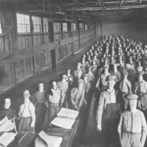 Image similar to grainy 1910s photo of a IT nerd army standing unused inside a warehouse