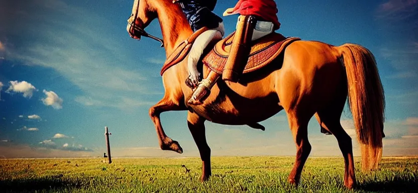 Image similar to “ luffy riding horse, side shot, 8 k resolution, high detailed ”