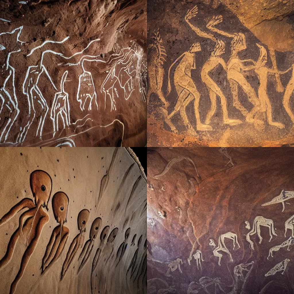 Prompt: national geographic photograph of cave painting of aliens and their spaceship