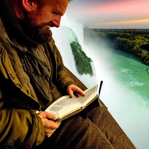 Prompt: highly detailed concept art of award winning cinematic still of close up of man reading the Bible at Niagara falls, waterfalls, colorful sunset, epic, cinematic lighting, dramatic angle, heartwarming drama directed by Steven Spielberg,