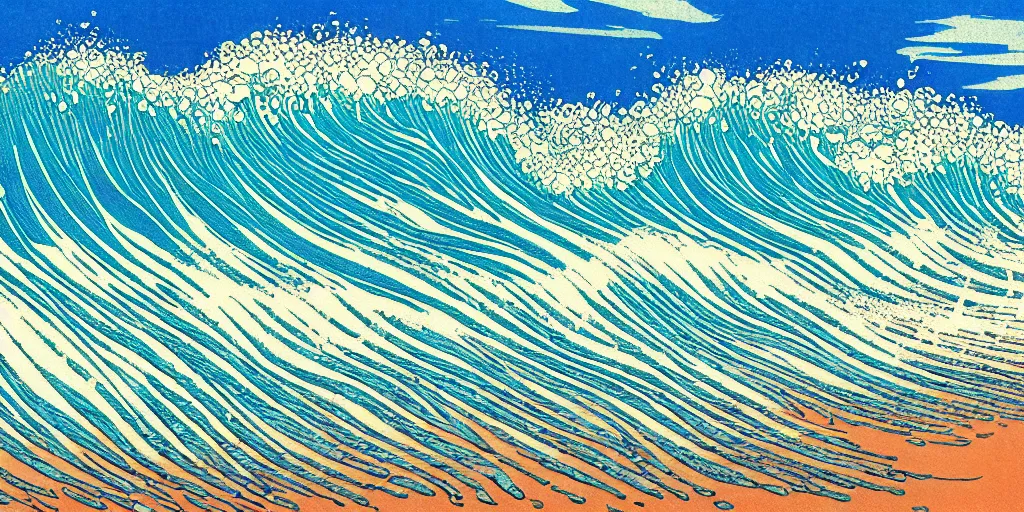 Prompt: clouds and waves, An aesthetically pleasing, dynamic, energetic, lively, complex, intricate, detailed, well-designed digital art of a beach, ripples, waves, sea foam, light and shadow, overlaid with aizome patterns, Shin-hanga by Bob Ross, traditional Japanese colors, superior quality, masterpiece, featured, trending, award winning, HDR, 8K