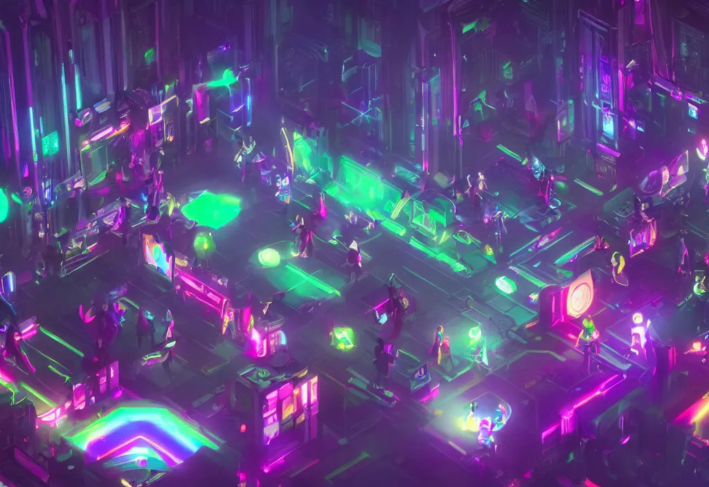 Prompt: a room full of confused wizards in their library playing with their new room sized magical glowing computers, infinite hallways, bright neon rainbow light from magic entities, artstation, concept art, 8k octane