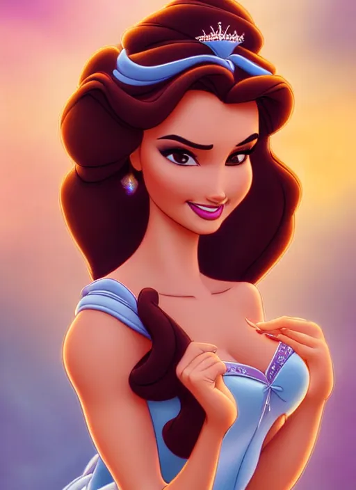 Image similar to gorgeous disney princess jasmine and princess belle, professionally retouched, muted colors, soft lighting, realistic, smooth face, full body shot, torso, dress, perfect eyes, sharp focus on eyes, 8 k, high definition, insanely detailed, intricate, elegant, art by j scott campbell and artgerm