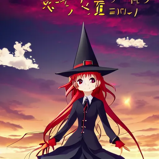 Prompt: Detailed anime poster featuring a red-haired witch flying on a broom over a magical school, 4k, key visual