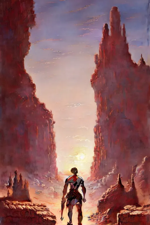 Image similar to John Carter standing in front of Martian ruins by Stanley Artgerm Lau, greg rutkowski, thomas kindkade, alphonse mucha, loish, norman Rockwell