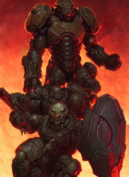 Image similar to ( doom ) cover featuring doom slayer!! by kenneth scott and frank frazetta, artstation, vivid gaze