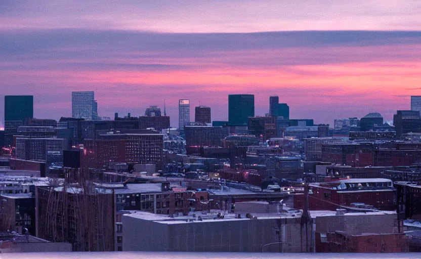 Image similar to photo of sunrise view of buffalo as seen from bus, scene from being john malcovich film directed by charlie kaufman ( 2 0 0 1 ), moody cinematography and lighting, 2 4 mm anamorphic lens