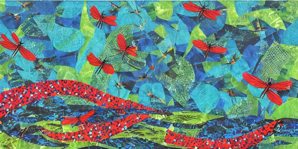 Image similar to dragonflies darting above a peaceful stream. hand - painted collage cut paper. by eric carle