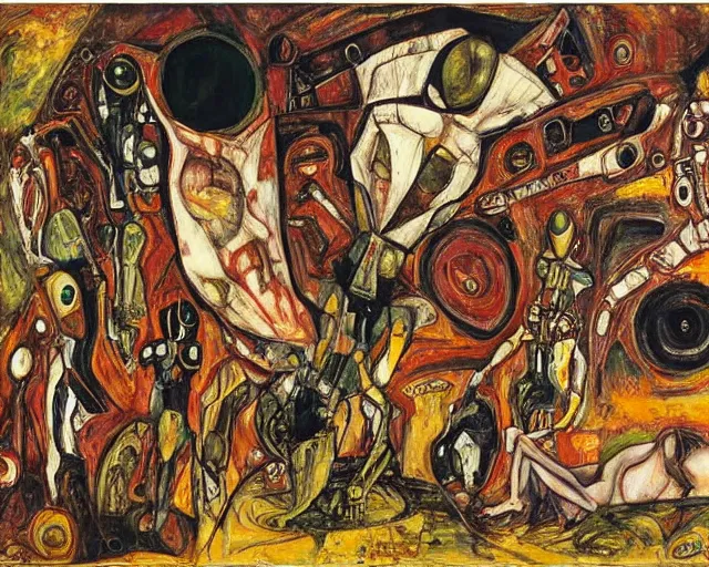 Prompt: a painting of a aliens and robots by graham sutherland, egon schiele, expressionism