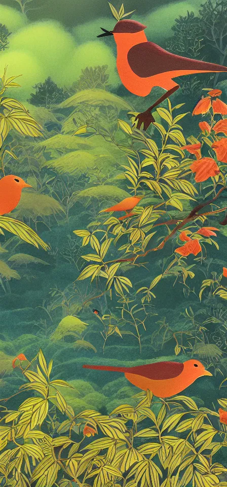Prompt: birds in the cloud forest. gouache and gold leaf work by the award - winning mangaka, bloom, chiaroscuro, backlighting, depth of field.