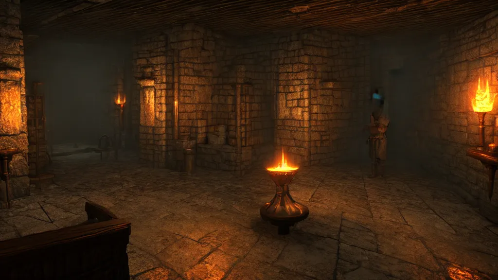 Image similar to delicious torch lit prison dungeon jail cell atmospheric unreal engine hyperreallistic render 8k character concept art masterpiece screenshot from the video game the Elder Scrolls V: Skyrim moody flame orange 2700K global illumination