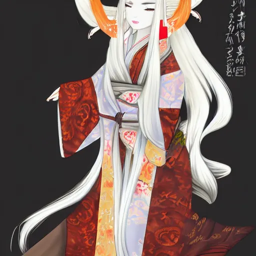 Prompt: A beautiful traditional kitsune woman with long white hair and fox ears and multiple tails wearing a kimono, WLOP, digital drawing, trending on ArtStation