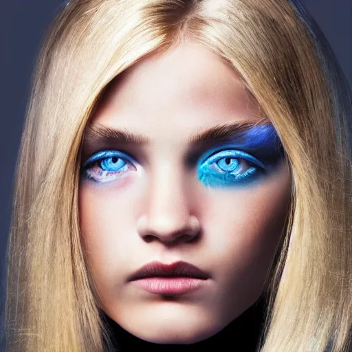 Image similar to High-Quality photorealistic portrait of a young thin girl, blue eyes, blonde hair, wearing a black turtle neck, face center close-up, realistic colors