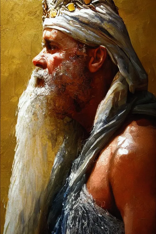 Prompt: highly detailed palette knife oil painting of a historically accurate depiction of the ancient biblical israeli king solomon, wealthy, wise, by Peter Lindbergh, impressionistic brush strokes, painterly brushwork