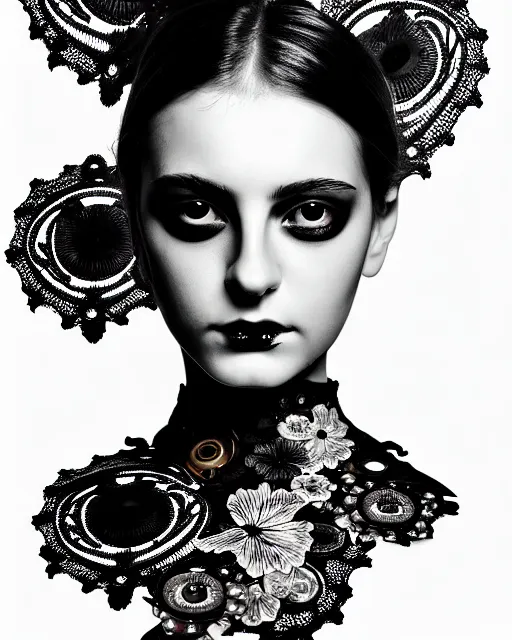 Prompt: black and white masterpiece profile portrait painting with no frame, one steampunk eye silver lace floral biomechanical beautiful young female cyborg, big monocular, volumetric light, hibiscus flowers, by dora maar, rim light, big gothic fashion pearl embroidered collar, 8 k