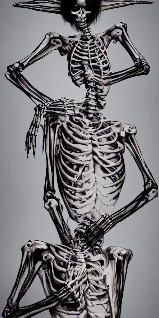 Prompt: bai ling skeleton bodypaint, hyper realistic, sharp focus, 4k, fantasy illustration