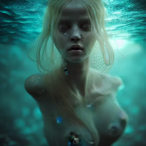 Image similar to ultra realistic horror photo of a dimly lit translucent female alien creature underwater, very intricate details, focus, full frame image, curvy, model pose, artwork by anna dittmann and greg rutkowski, award winning