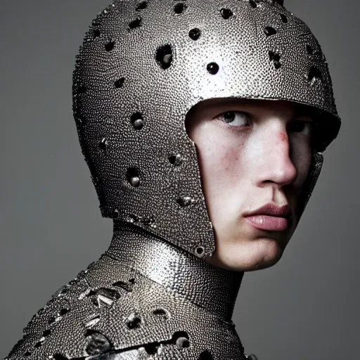Image similar to a portrait of a beautiful young male wearing an alexander mcqueen armor made of hail , photographed by andrew thomas huang, artistic