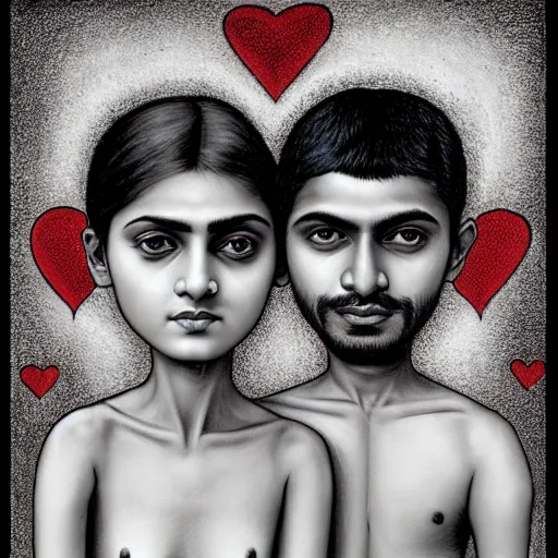 Image similar to perfectly centered symmetrical split male and female portrait of young indian man and woman in love sharing one heart. illustration, highly detailed, simple, no jagged lines, smooth, artstation, artwork by mike worrall