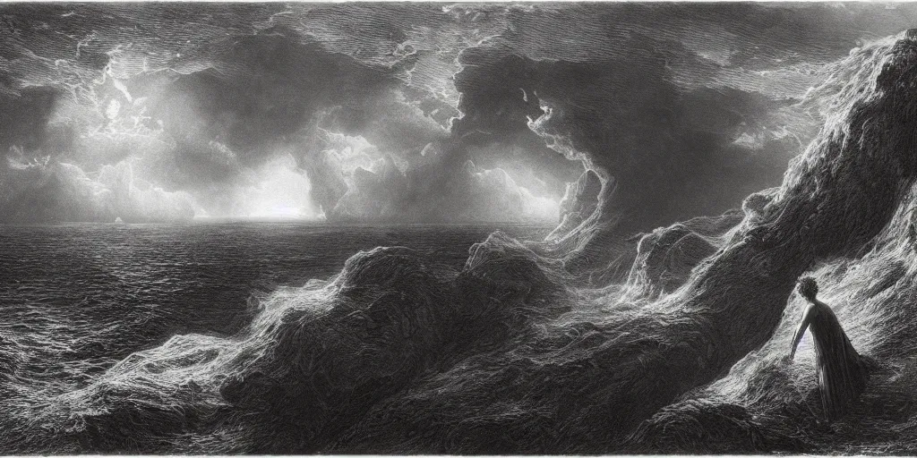Prompt: Concept Art of cinematography of Terrence Malick film by Gustave Doré. Scene of the world being created via a portal on a seaside cliff, a man stands beside it in awe