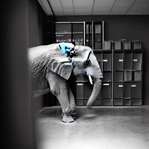 Image similar to photo of elephant staying in the empty office, black & white by annie leibovitz