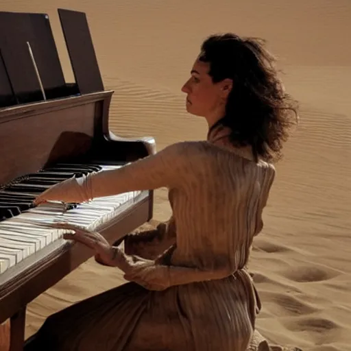 Image similar to UHD candid photo of The Mummy playing piano, with accurate wrappings, UHD, photorealistic, correct sand dune, real piano, photo by Annie Leibowitz