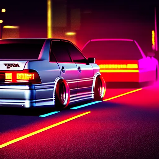 Image similar to a car Toyota Chaser twin-turbo at illegal car meet, Saitama prefecture, city sunset mist neon lights, cinematic color, photorealistic, highly detailed, 200MM