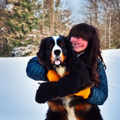 Image similar to girl riding giant Bernese Mountain Dog in the snow