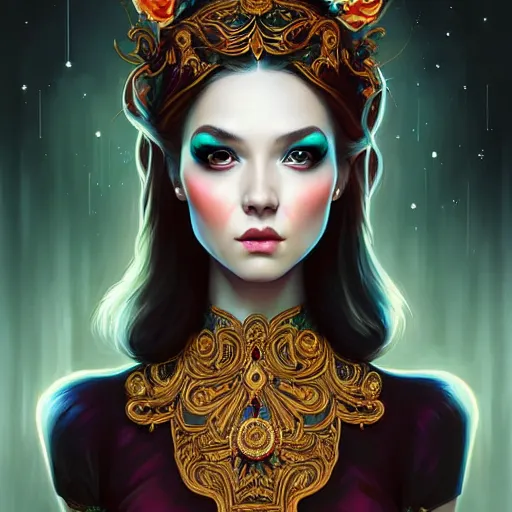 Image similar to symmetrical painting, a beautiful young female in dress, pretty, perfect face, elegant, ornate, luxury, elite, matte painting, by artgrem, by james jean, by ross tran - h 6 0 0