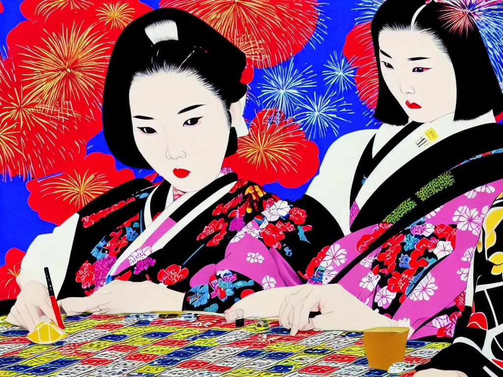 Image similar to hyperrealistic composition of the detailed woman in a japanese kimono sitting at a poker table with detailed darth vader, fireworks, mount fuji on the background, pop - art style, jacky tsai style, andy warhol style, acrylic on canvas