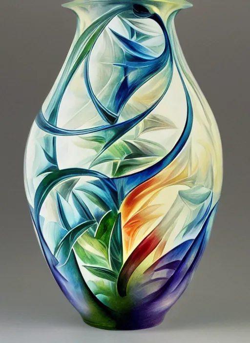 Prompt: Escher inspired vase, designed by Rene Lalique, studio photography on a Leonid Afremov background