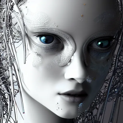 Image similar to closeup portrait of an absurdly beautiful, graceful, sophisticated, fashionable cyberpunk mechanoid gravure idol, an ultrafine hyperdetailed illustration by irakli nadar, matt wisniewski style, intricate linework, porcelain skin, iridescent jellyfish headdress, fractal ivory carved ruff, unreal engine 5 highly rendered, global illumination, radiant light, detailed and intricate environment