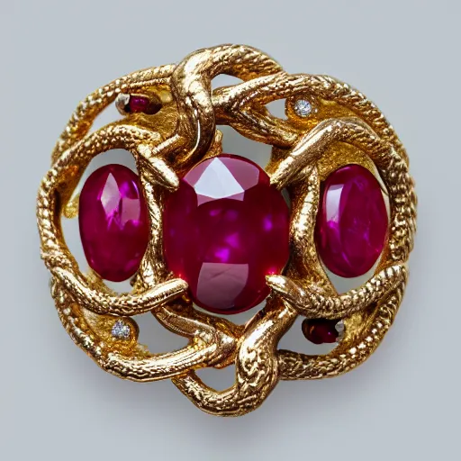 Prompt: ornate gold ouroboros ruby jewelry macro product photo