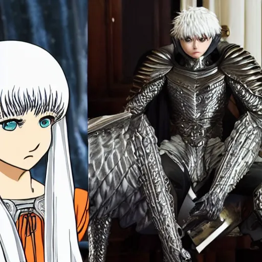 Image similar to a person cosplaying griffith from berserk manga by kentaro miura sitting at his white house oval office desk