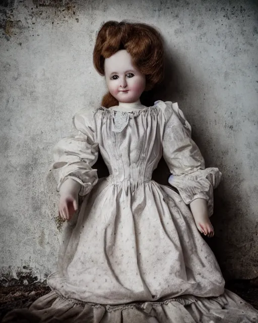 Image similar to closeup portrait of a creepy antique porcelain doll wearing a dirty dress with long wet black hair standing in a dimly lit filthy room in an abandoned old asylum at night, 8k octane render, cinematic, dramatic lighting, volumetric lighting, vintage photo, (1890)