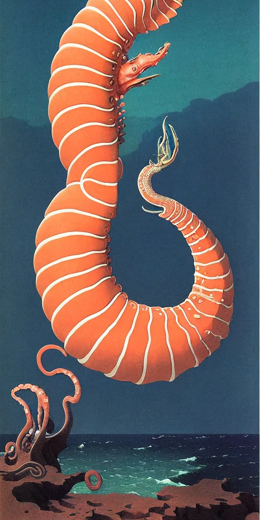 Image similar to portrait of the ammonite skesis supermodel clad in coral armor biting into a juicy squid, by kawase hasui, dorothea tanning, moebius, edward hopper and james gilleard, aivazovsky, zdzislaw beksinski, steven outram colorful flat surreal design