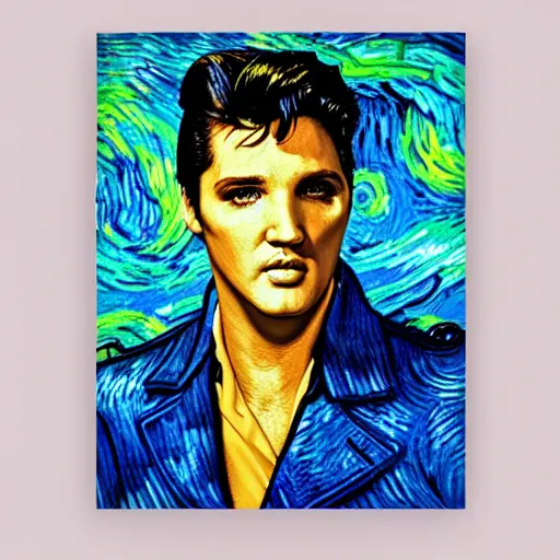 Image similar to an artistic portrait of elvis presley, dreamlike, romantic, high quality, studio photography, colorful, hero, heroic, beautiful, in the style of vincent van gogh