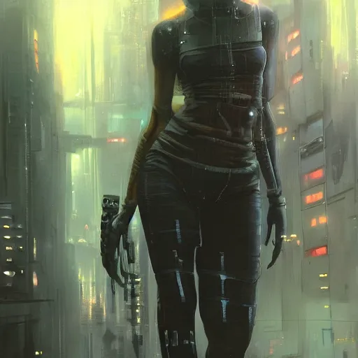 Prompt: cyberpunk razorgirl, pavewalk, scifi, megacity background, neuromancer, dramatic lighting, painted by raymond swanland, painted by greg rutkowski, painted by jeremy mann, painted by artgerm, painted by igor kieryluk, trending on artstation