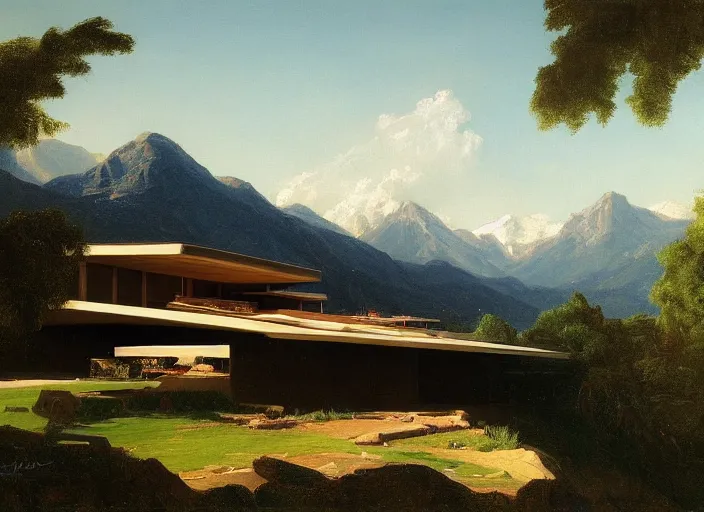 Prompt: painting of a john lautner house in front of beautiful mountains by thomas cole