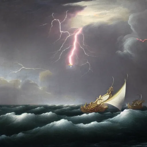 Image similar to a royal vessel in stormy seas and lightning