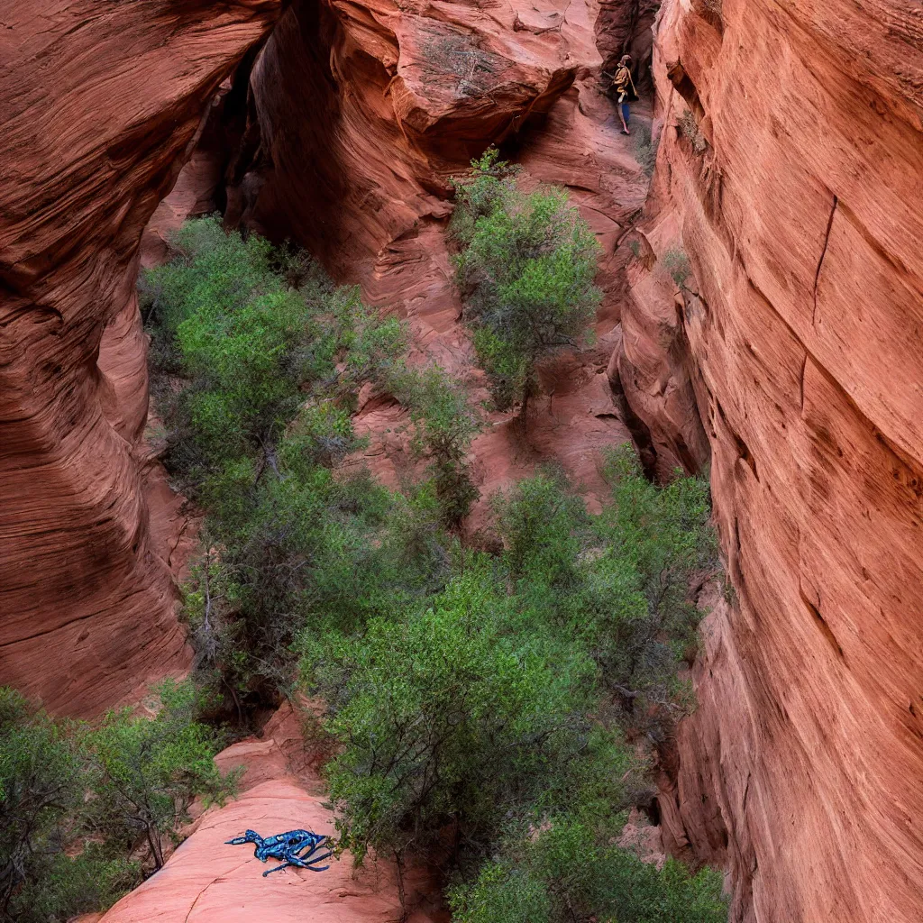 Prompt: alien flying snake winding though a slot canyon at Zion National Park, bright, 50mm sigma, professional photography, nature photography