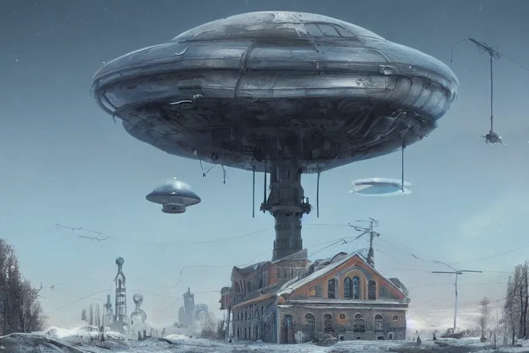 Image similar to a beautiful matte painting of a alien spaceship over the soviet, russian village, communist, simon stalenhag and alan bean, trending on artstation, realistic rendering